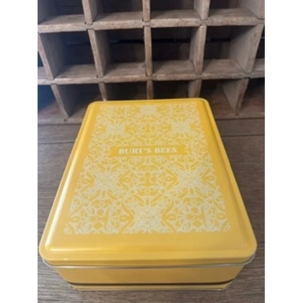 Burt's Bees Empty Yellow Metal Storage Tin Collectible Damask Pattern Lid